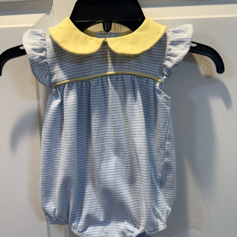 Baby Girl Blue Stripe & Yellow Collar One-Piece Romper